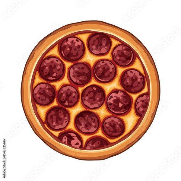 Fototapeta Whole salami pizza top view vector illustration. Pepperoni pizza above view icon isolated on a white background. Pizza with salami and cheese drawing