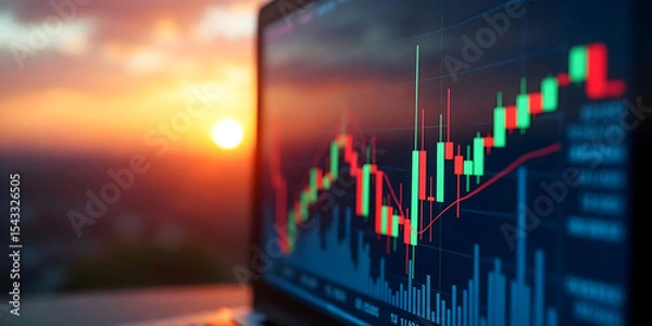 Obraz stock market chart trade candles laptop background in sunset 