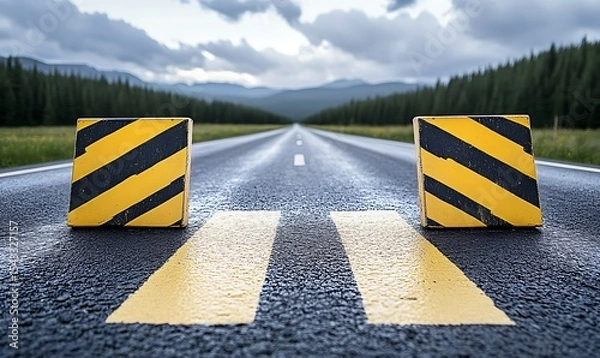 Fototapeta A long open road with a warning sign block ahead