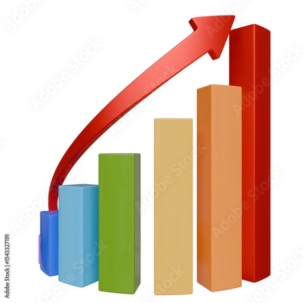 Fototapeta A vibrant 3D bar graph displays ascending growth, depicted by a large red arrow curving upwards, symbolizing positive progress and upward trajectory.  The bars are multicolored
