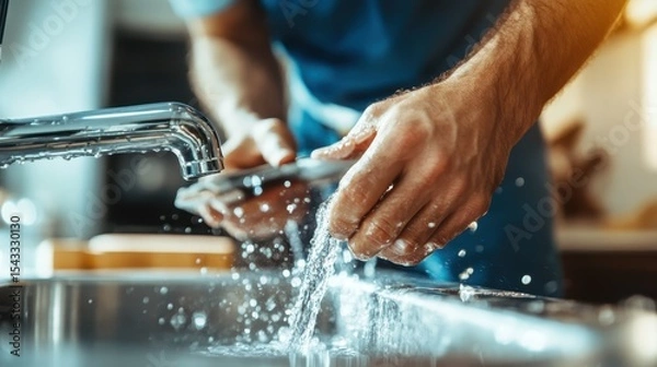 Obraz A close-up of hands washing dishes in a sleek kitchen sink, illustrating the themes of cleanliness, daily life, and the importance of home chores in nurturing routines.