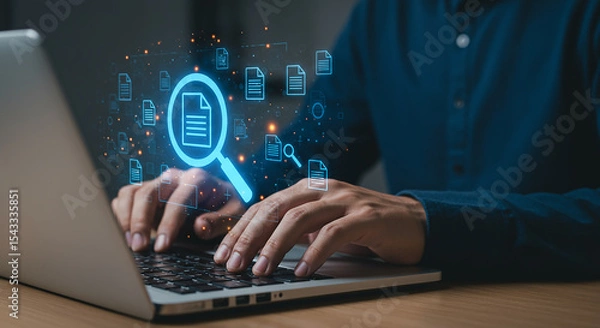 Fototapeta Person searching documents on laptop with digital interface
