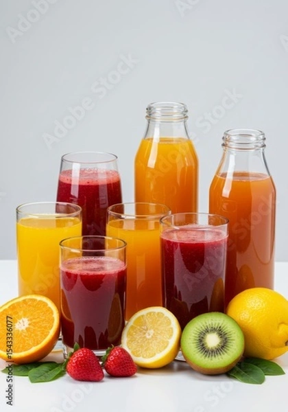 Obraz Assortment of Colorful Fruit Juices in Glasses and Bottles