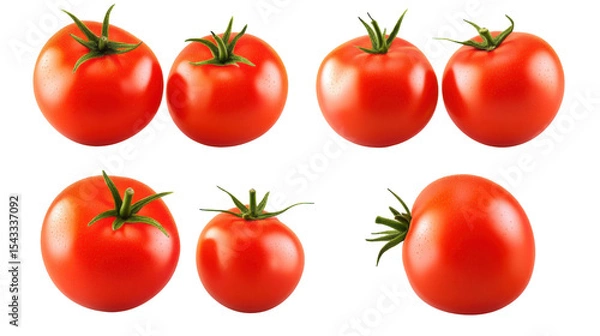 Fototapeta Set of fresh ripe tomatoes with vibrant red color and natural texture arranged for cooking or healthy eating isolated on white background