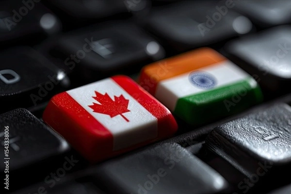 Fototapeta Closeup shows keyboard keys with Canadian  Indian flag prints detailed focus on flags
