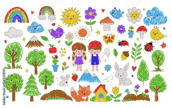 Fototapeta Colorful doodle artwork with happy children, animals, trees, flowers, and playful nature elements, perfect for themes of childhood, creativity. Hand drawn vector illustration isolated on white