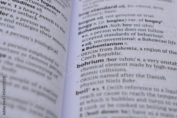 Fototapeta Close Up Of English Dictionary Page With Word - Bohriumianism