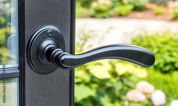 Fototapeta A close up photograph of a dark colored door handle
