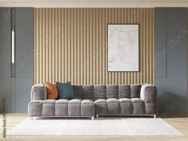 Fototapeta Mock up of a modern living room with a stylish comfortable sofa and an original decorative background, 3D rendering.