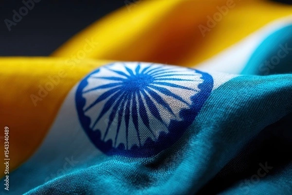 Fototapeta Detailed closeup of the Indian flag featuring a blue wheel emblem on a white stripe between yellow and cyan fabric sections