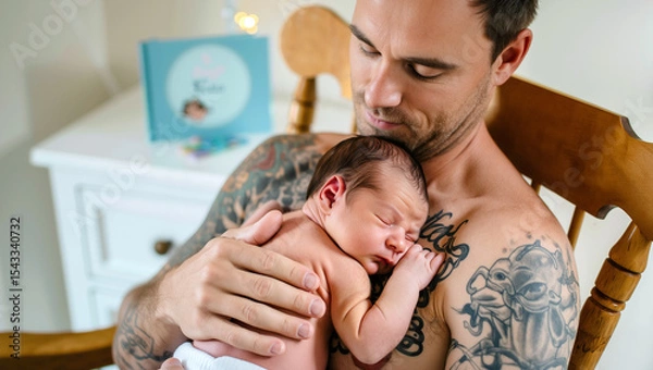 Obraz A proud father with tatoo cradles his sleeping newborn, showcasing a peaceful moment in a warmly lit room decorated with personal touches. Generative AI.