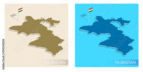 Obraz Tajikistan country flag installed on geographic positioning map point of country territory. Tajikistan commonwealth banner on land and sea. Festive patriotic HD format template for independence day