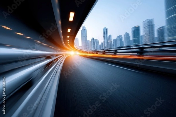 Fototapeta Fastmotion image of a road curving under a tunnel leading towards a city skyline under a muted sky