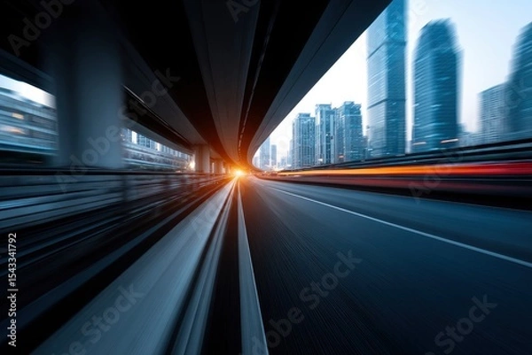 Fototapeta Fastmotion road view under a bridge with skyscrapers in the background