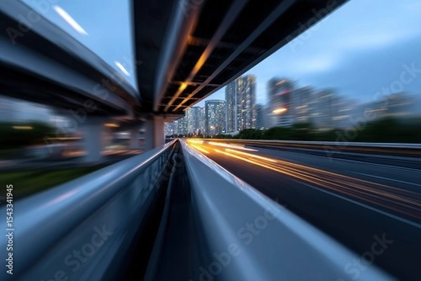 Fototapeta Fastmotion view of a highway with city buildings in the background and streaking lights