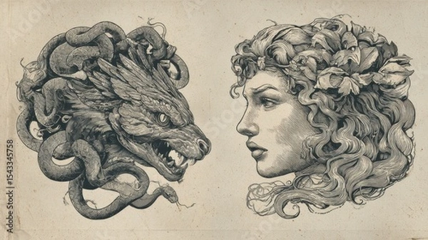 Fototapeta Two detailed profile portraits in a style reminiscent of an old print.