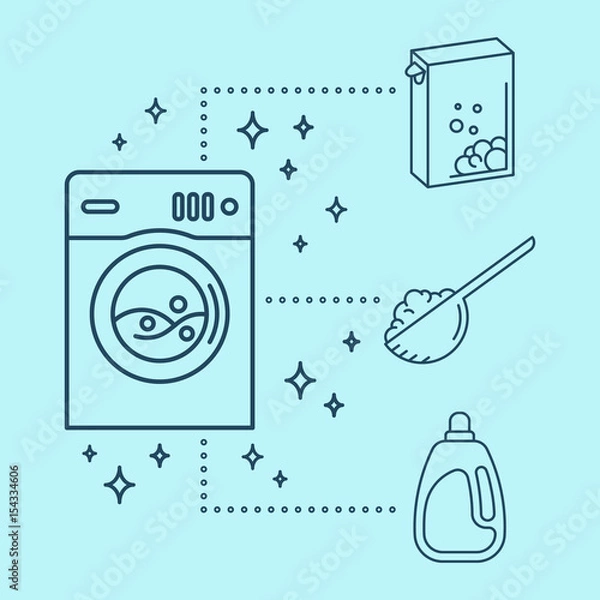 Obraz Laundry icons. Washing machine with washing powder, bleach or conditioner.