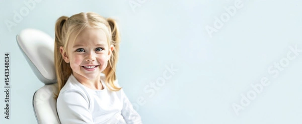 Obraz Banner with little blonde girl in dentist's chair, satisfied with treatment, on light background with space for text. Children's dentistry, routine checkup, no fear of treatment and pain