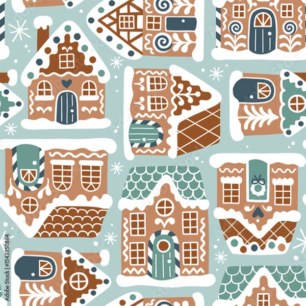 Fototapeta Seamless vector pattern with cute gingerbread houses and Christmas trees. Perfect for textile, wallpaper or nursery print design. EPS 10 vector file.	