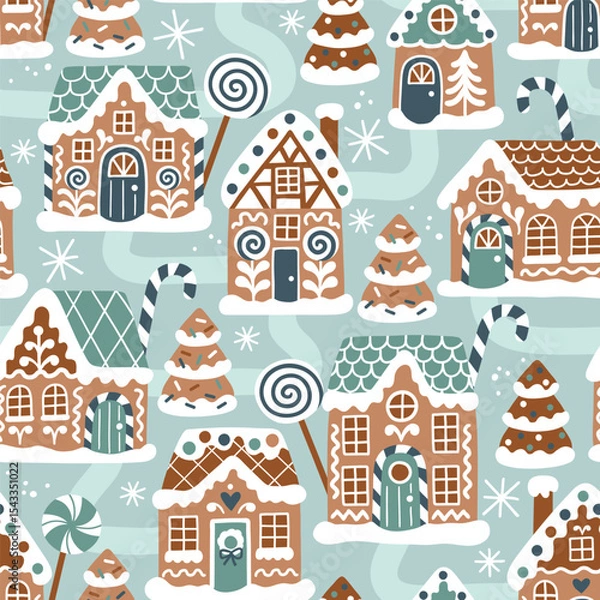 Fototapeta Seamless vector pattern with cute gingerbread houses and Christmas trees. Perfect for textile, wallpaper or nursery print design. EPS 10 vector file.	