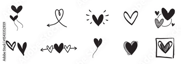 Obraz Doodle and sketch, black d heart shape icon set. Romantic heart symbol. Hand drawn wedding and valentine day hearts set. Love shape elements, vector illustration.