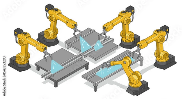 Fototapeta Advanced robotic arm assembly line with automated welding technology in manufacturing isometric style vector illustration