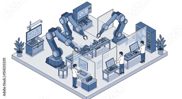 Fototapeta Automated robotics laboratory with engineers and robotic arms in high-tech industrial setting isometric style vector illustration