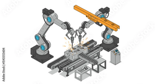 Fototapeta Robotic armature welding assembly line for automation technology and industrial manufacturing design isometric style vector illustration