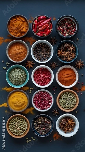 Obraz Vibrant Spice Collection: Aromatic Herbs and Exotic Peppers for Culinary Delights