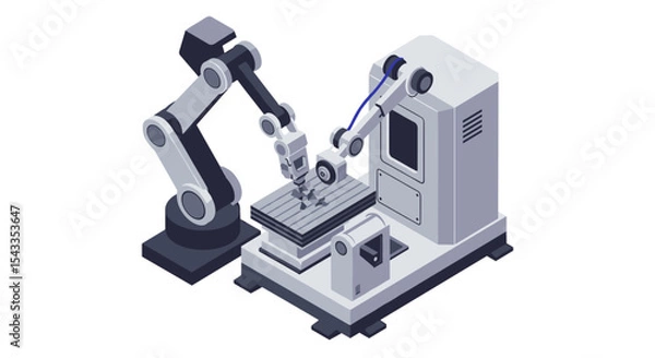 Fototapeta Robotic arm operating cnc machine for precision engineering and automation concept isometric style vector illustration