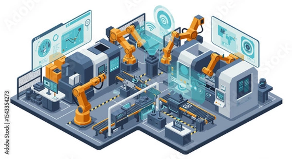Fototapeta Advanced robotics and automation in modern factory design for innovative production systems isometric style vector illustration