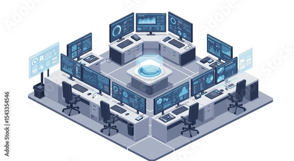 Fototapeta Futuristic command center with technology displays for data analysis and security monitoring isometric style vector illustration