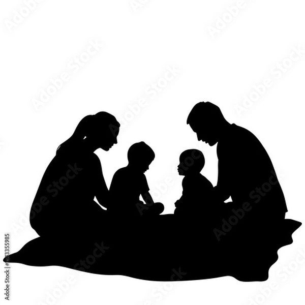Fototapeta Silhouette of family playing board game on blanket, leisure and bonding