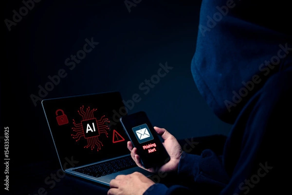 Fototapeta Phishing email warning on phone with AI breach sign on laptop, smart cyberattacks, deepfake risks.Hacker targeting digital systems cybercrime, social engineering, and online identity theft risks.