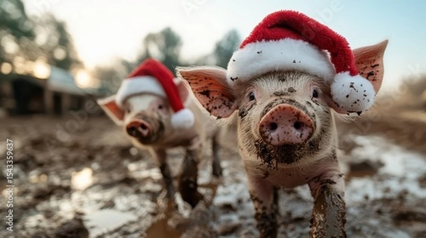 Fototapeta Two adorable pigs joyfully wearing festive Santa hats while exploring a muddy farm environment, radiating holiday cheer and playfulness in the atmosphere.