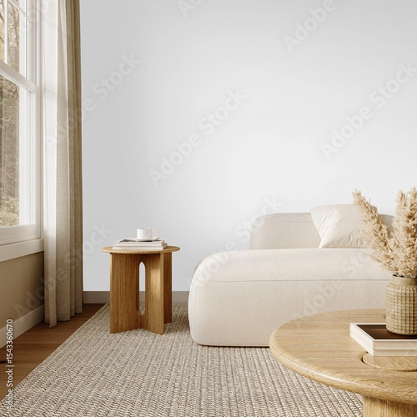 Fototapeta Left corner view of minimalist living room with boucle chaise, side table and window light – Transparent Wall Mockup with Realistic Shadows – 3D render