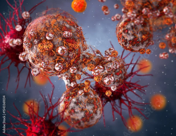 Fototapeta Medical conceptual background, dangerous, malignant, atypical, tumor cancer cells, uncontrolled growth and reproduction, 3d rendering