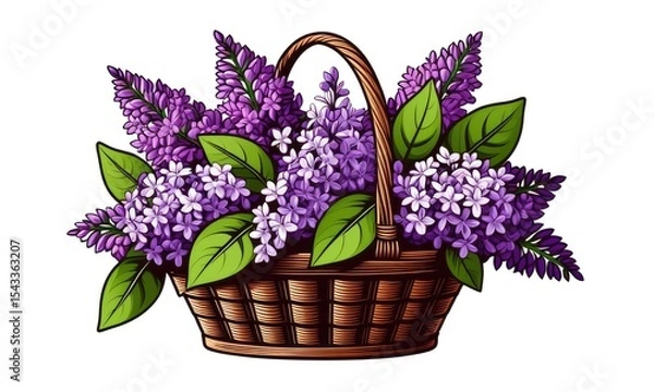 Fototapeta Beautiful lilac flowers in wicker basket with green leaves on white background
