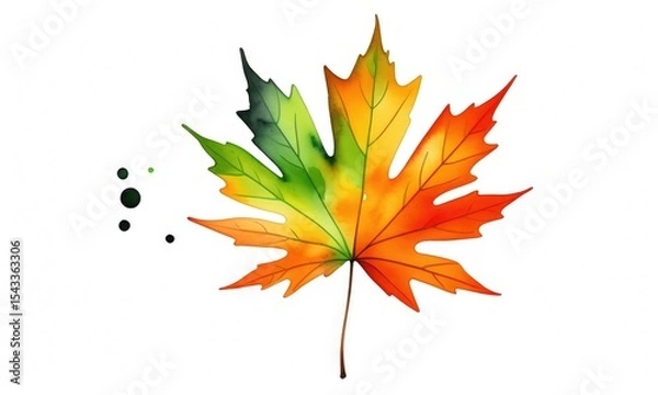 Fototapeta Vibrant watercolor maple leaf with autumn colors and green splash