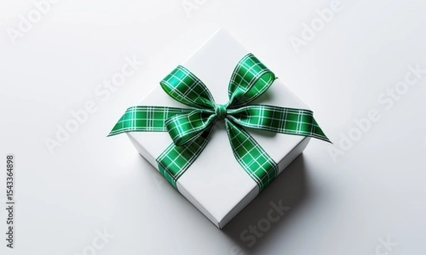Fototapeta Elegant gift box with green plaid ribbon on white background