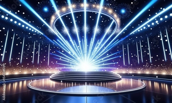 Fototapeta Illuminated stage with vibrant light show and fireworks display