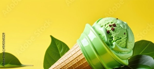 Fototapeta Refreshing green tea ice cream cone with chocolate on bright yellow background