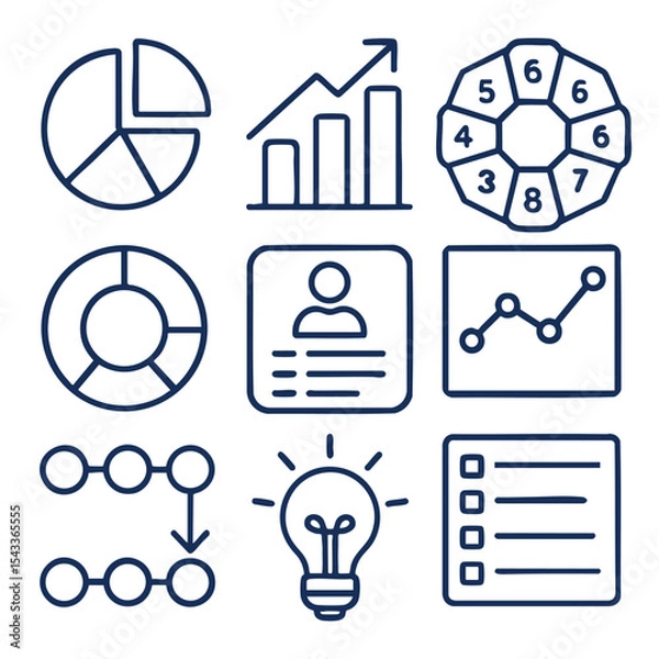 Fototapeta Data visualization icons including charts, graphs, and diagrams represent analysis and insights