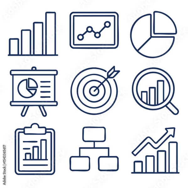 Fototapeta Data visualization icons, including charts, graphs, and analytics symbols, represent growth