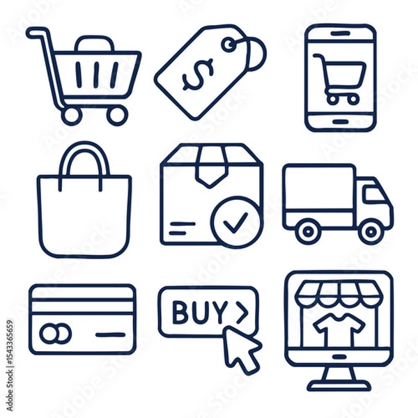 Fototapeta Online shopping icons, cart, payment, delivery, and purchase symbols in simple design