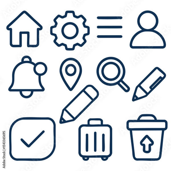 Fototapeta Simple icons representing various functions and features, including home, settings