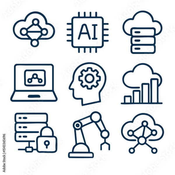 Fototapeta Cloud computing icons, artificial intelligence, data analysis, and automation concepts depicted