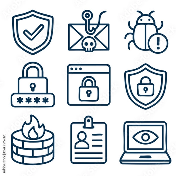 Fototapeta Secure icons representing cybersecurity concepts, including protection, malware, and privacy