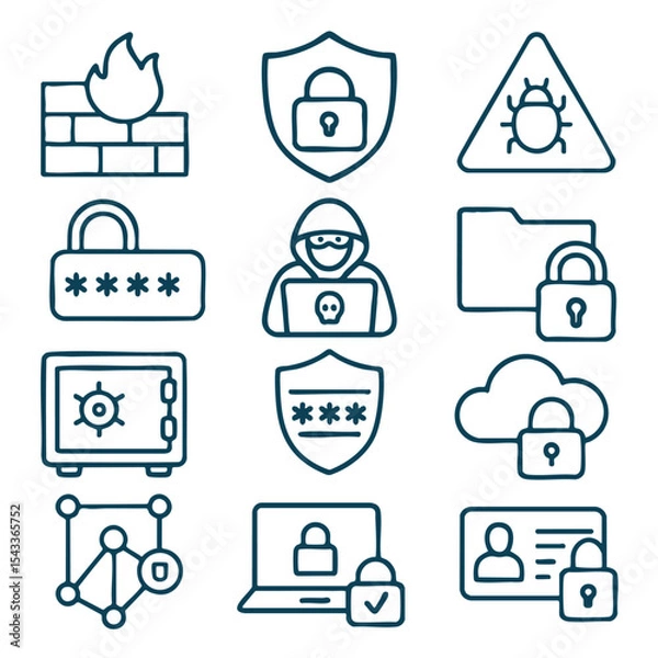 Obraz Secure icons representing cybersecurity concepts, including firewalls, locks, and hackers