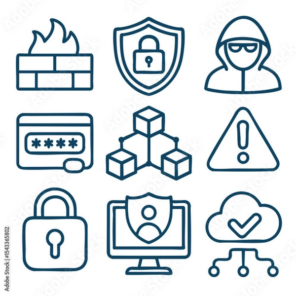 Fototapeta Secure icons representing cybersecurity concepts, including firewalls, shields, and alerts